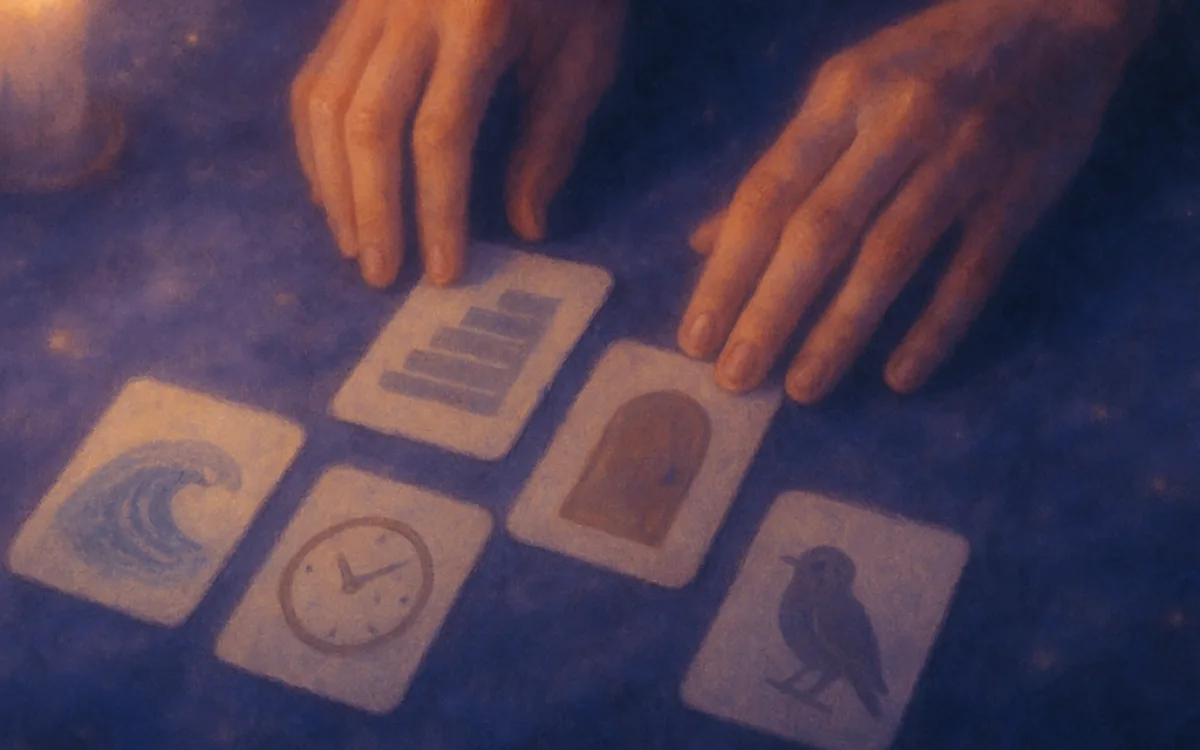 Small dream-symbol cards laid out in a row, the way a reader might map one night’s images