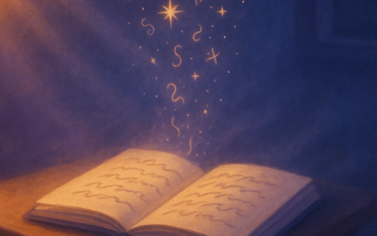 A dream journal on a bedside table, its handwriting rising into the night air as glowing symbols